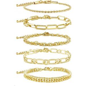 14K Gold Plated Stainless Steel Chain Bracelets for Women - Adjustable Layered H